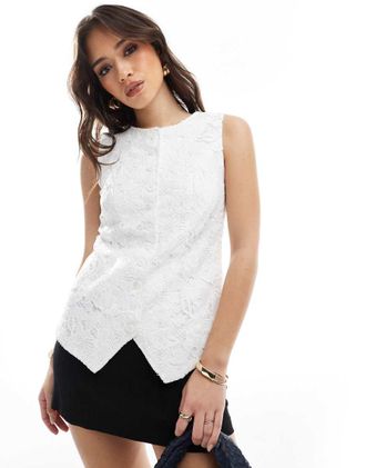 4th & Reckless eyelet lace button through vest in white