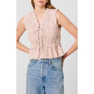 French Connection Rhodes Ruffle Smocked Peplum Cotton Poplin Top in Petite Gingham Almond at Nordstrom, Size X-Small