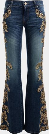 Alice & Olivia Emryn Embellished Ultra Low-Rise Relaxed Flared Jeans