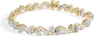 House of Brilliance 10k Yellow Gold 3.00 Cttw Round-Cut and Baguette-Cut Floral Link 7.25 Bracelet (I-J Color, I1-I2 Clarity)