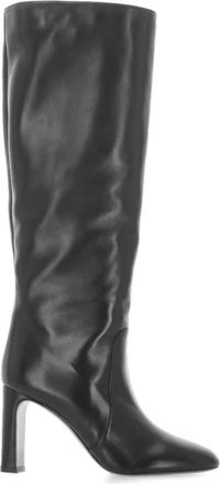 Stuart Weitzman Zwarte Leren Dameslaarzen Ronde Neus - Dames - Laarzen met Hak - Zwart - 38 EU - Schoenen