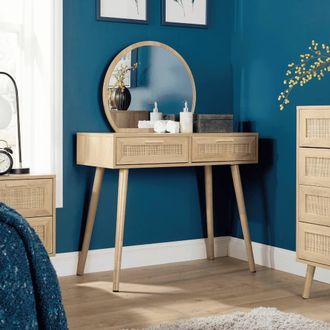 Home Source Industries Dressing Table & Circular Mirror 2 Rattan Front Drawers Vanity Table in Natural
