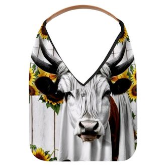 Generic Sunflower White Cow Wooden Board Reusable Lightweight Grocery Bags - Foldable Into Compact Pouch, Washable & Sturdy, Multipurpose for Shopping and Tra