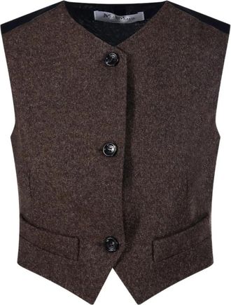 Max Mara Bruin Paneel V-Hals Vest - Dames - Gillet - Bruin - XS - Katoen - Kostuums