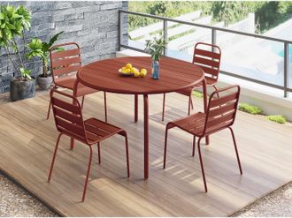 Vente-Unique Sala da pranzo da giardino in Metallo Terracotta MIRMANDE: un tavolo D.110cm e 4 sedie impilabili