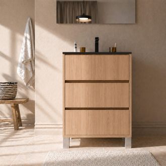 Aurlane Pack Mueble De Ba&ntilde;o 70cm Roble Claro 3 Cajones Con Lavabo De Cer&aacute;mica Negra