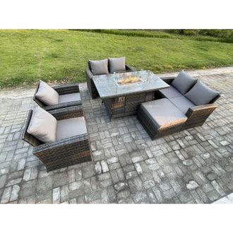 Fimous Wicker pe Rattan Garden Furniture Sets 7 Seater Patio Outdoor Gas Firepit Dining Table Heater Set with Double Seat Sofa Big Footstool Dark Grey Mixed