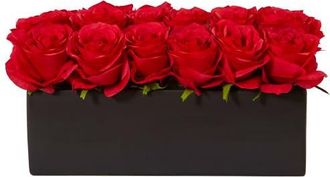 Nearly Natural Dozen Artificial Roses in Ceramic Rectangular Planter in Red at Nordstrom