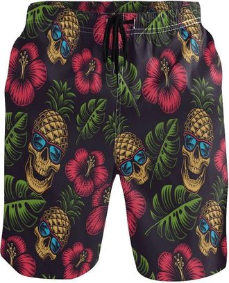 Alaza Beach Shorts, Tropical Pineapple Skulls Mens Trunks Swim Shorts Quick Dry with Pockets for Summer Surfing Boardshorts Gym Outdoor Water Sports,Small