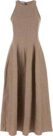 Brunello Cucinelli Brown Solid Round Neck Maxi Dress