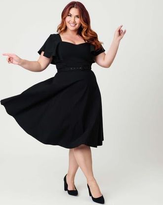 Unique Vintage Plus Size Flutter Sleeve Belted Swing Dress in Solid Black at Nordstrom, Size 5X