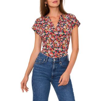 Vince Camuto Floral Short Sleeve Button-Up Shirt in Navy/coral Floral at Nordstrom, Size Small