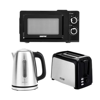 Geepas 2 Slice Bread Toaster, 1.7L Illuminating Electric Kettle & 20L Solo Manual Microwave Oven 700W Combo Set in Silver