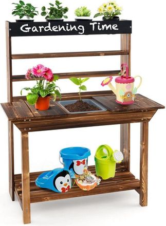Costway Mesa De Banco Para Macetas Para Ni&ntilde;os De Madera Maciza De Abeto, Fregadero Extra&iacute;ble, 4 Macetas, Pizarra Adicional, Centro De Jardiner&iacute;a De Juguete Pa