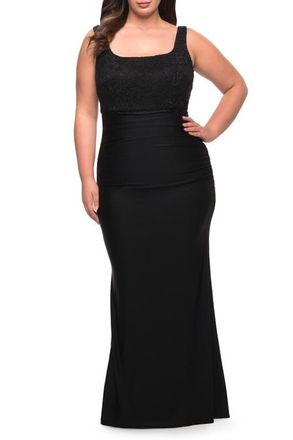 La Femme Long Lace and Jersey Gown with Rhinestones in Black at Nordstrom, Size 14W