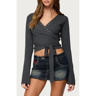 Edikted Roccia Stud Wrap Crop Top in Dark Gray Melange at Nordstrom, Size X-Small