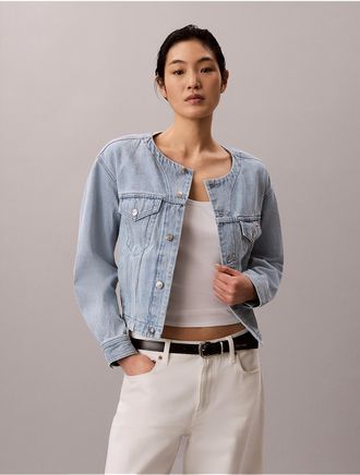 Calvin Klein Jeans Calvin Klein Womens Cropped Collarless Denim Trucker Jacket - Blue - XL