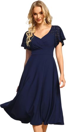 Ever-pretty Women Dress Midi Wedding Guest Dress Short Sleeve with Lace Design Elegant V Neckline and High Waist Dress Navy Blue 18UK