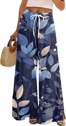 Generic Boho Pants for Women,2026 Summer Casual Floral Wide Leg Trousers Baggy High Waisted Straight Leg Lounge Palazzo Trousers Flowy Vacation Beach Pants wi