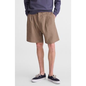 Madewell Herringbone Double Pleated Cotton & Linen Shorts in Olive at Nordstrom, Size 31