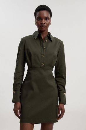 Karen Millen Womens Petite Techno Cotton Woven Mini Shirt Dress With Gold Clasps - Khaki - Size 14 UK