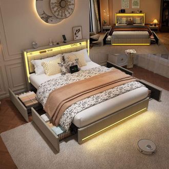 OEM Cama Lit 160x200 Cm Beige Con Led Integrada, Puertos Usb/type-c Y Cajones - Marco Para Adultos, Somier De Lamas
