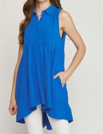 Entro Collared Sleeveless Tiered Tunic Top In Colbalt Blue