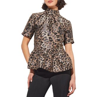 Ming Wang Leopard Print Peplum Top in Java/lmst/bk at Nordstrom Rack, Size X-Small