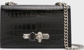 Alexander McQueen Shiny Croc-Embossed Jeweled Shoulder Bag
