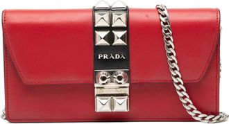 Prada Pre-owned Cross Body Bags, female, Red, Size: ONE SIZE Pre-owned Studded Leather Wallet on Chain