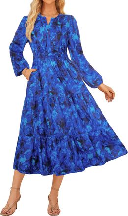 Grace Karin Floral Dresses for Women Elegant Boho Long Sleeve Elastic Cuff Flowy Maxi Dress with Pockets CL37-08/Blue XL