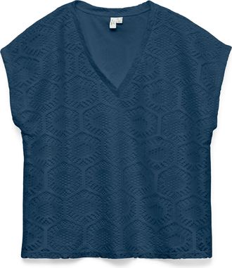 Vero Moda Spitzenshirt VERO MODA VMIRIS CROCHET V-NECK T-SHIRT JRS BTQ, Damen, Gr. XL, schwarz denim, Jersey, Obermaterial: 100% Polyester, unifarben, bequem no