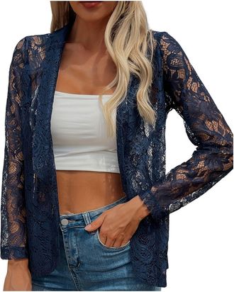 Generic Womens Lace Open Front Long Sleeve Sheer Elegant Casual Blazer Jacket 2024 Fall