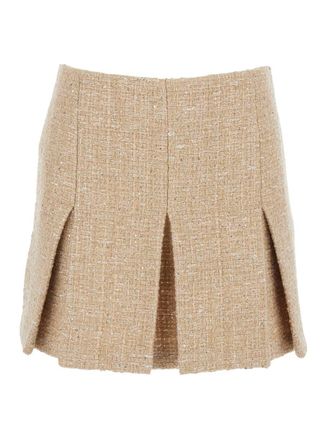 Twinset Beige Miniskirt With Pleated Details On The Front And Logo Plaque On The Rear In Tech Fabric Woman