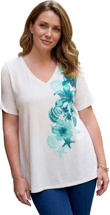 Roaman's Plus Size Ultimate Short Sleeve Swing Tee in Teal Tropical Floral at Nordstrom, Size 20