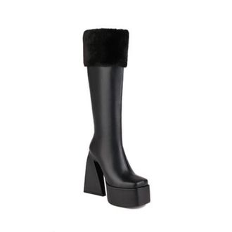 Generic Womens PU Leather Winter Long Boots with Zipper Chunky High Heel Platform Boots Square Toe Knee High Boot,Black,4.5 UK