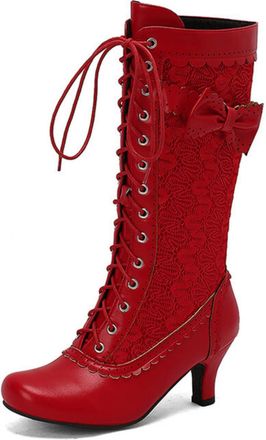 Generic Womens Round Toe PU Leather Vintage Victorian Shoes Lace Up Mid-Calf Boots with Zipper Block Heel Long Boots,Red,3.5 UK