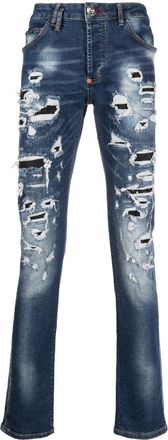 Philipp Plein distressed straight-leg jeans - men - Cotton/Spandex/Elastane/Polyester/Cotton - 32 - Blue