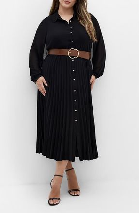 City Chic Celine Belted Long Sleeve Maxi Shirtdress in Black at Nordstrom, Size Xs