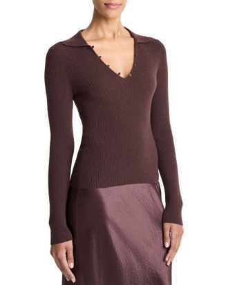 Vince Ribbed Button Loop Cashmere & Silk-Blend Polo Shirt