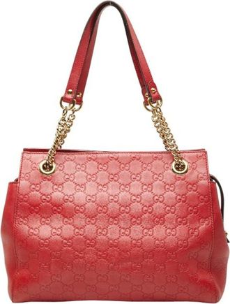 Gucci Red Color Leather Tote Bag (Pre-Owned)