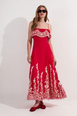 Karen Millen Womens Embroidered Applique Strappy Midi Dress - Coral - Size 12 UK