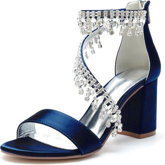 Generic Wedding Heel Sandals Womens Rhinestones Wedding Shoes Bride Chunky Heel Open Toe Bridal Shoes Party Dress High Sandals 8Cm,Dark Blue,10 UK
