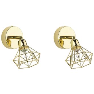 Beliani Conjunto De 2 L&aacute;mparas De Pared Pantalla De Jaula De Metal Dorado Posici&oacute;n Den Luz Ajustable Moderno Erma