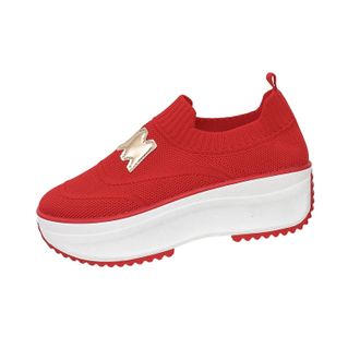 Generic Womens Slip On Shoes Mesh Breathable Walking Shoe Stylish Solid Color Thick Sole Comfortable Casual Wedge Shoes Outdoor Leisure Red