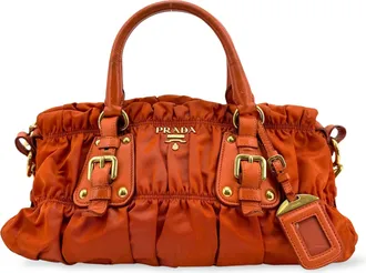 Prada Gaufre Convertible Satchel Leather And Tessuto Orange Nylon Handbag (Pre-Owned)