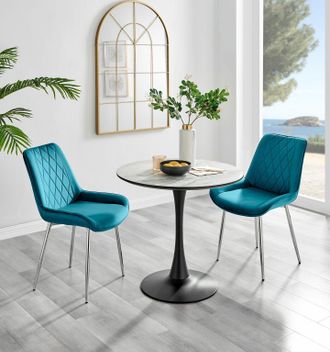 Furniturebox Elina White Marble Effect Scratch Resistant Dining Table & 2 Pesaro Silver Leg Velvet Chairs in Blue