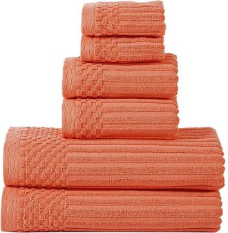 Superior Highly Absorbent 6Pc Solid And Checkered Border Cotton Towel Set