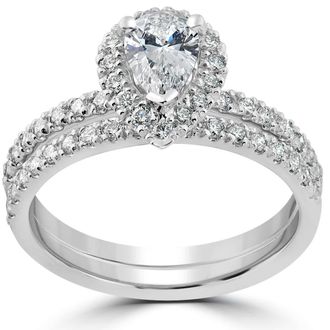 Pompeii3 1 1/10ct Pear Halo Diamond Engagement Wedding Ring Set 14k White Gold Lab Grown