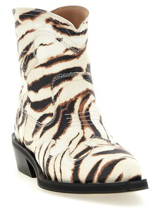 Ganni Zebra-Print Western Ankle Boot - cream